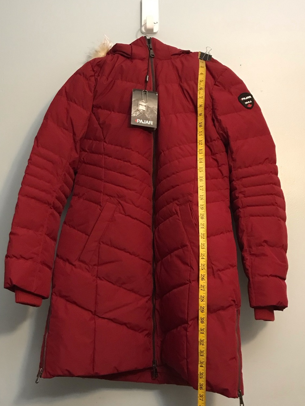 Pajar Women's Red Quilted Long Puffer Coat with Faux Fur Trim Hood